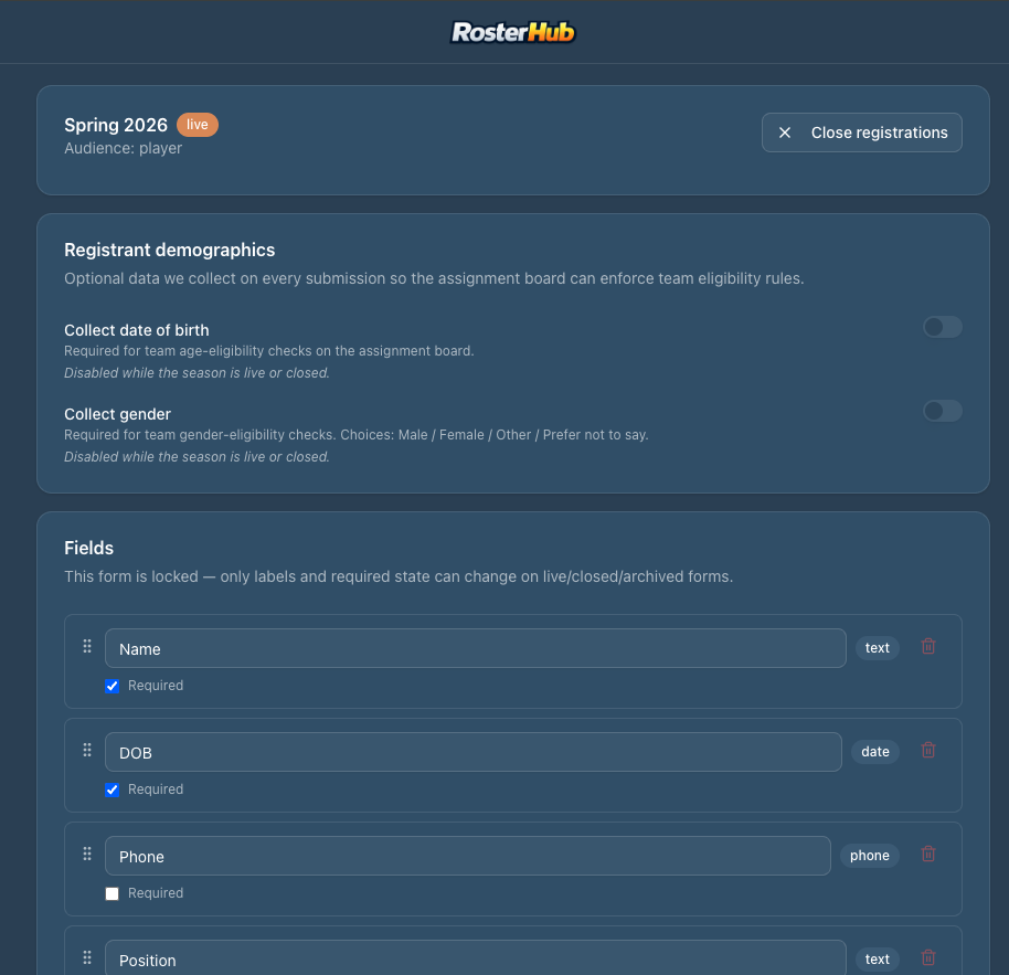 Registration form builder with demographics toggles and drag-and-drop fields