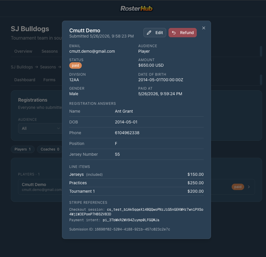 Registrant detail showing answers, line items and payment status